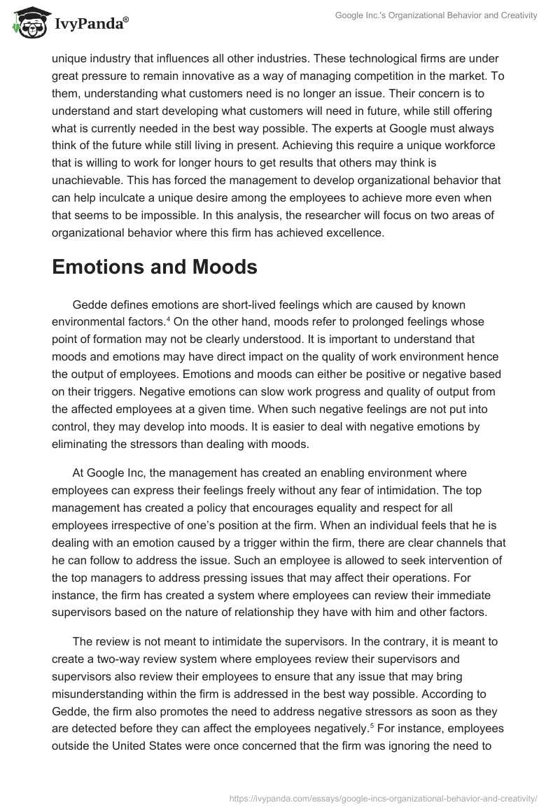 Google Inc.'s Organizational Behavior and Creativity. Page 2