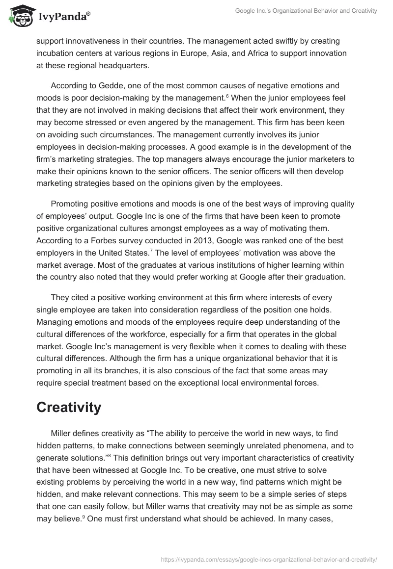 Google Inc.'s Organizational Behavior and Creativity. Page 3