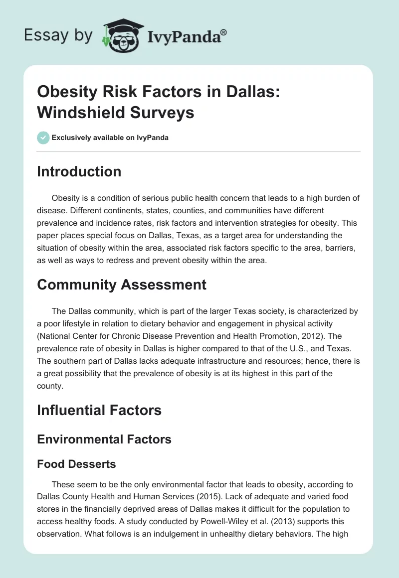Obesity Risk Factors in Dallas: Windshield Surveys. Page 1