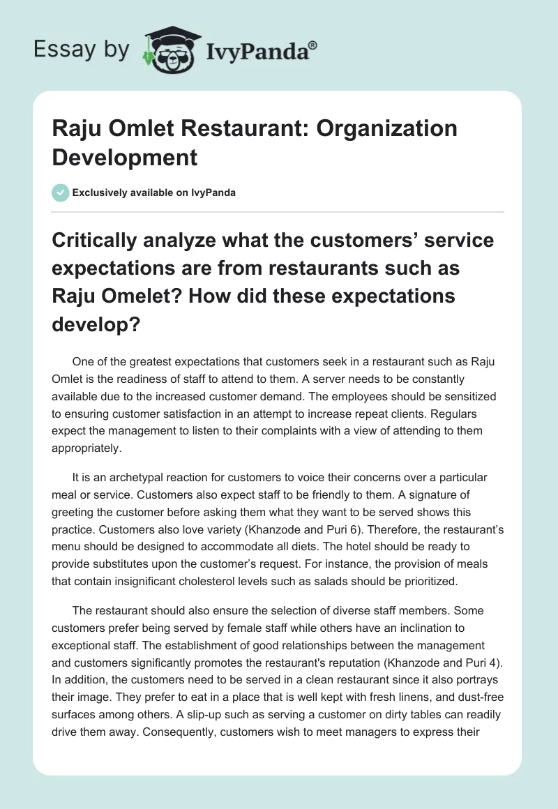 Raju Omlet Restaurant: Organization Development. Page 1