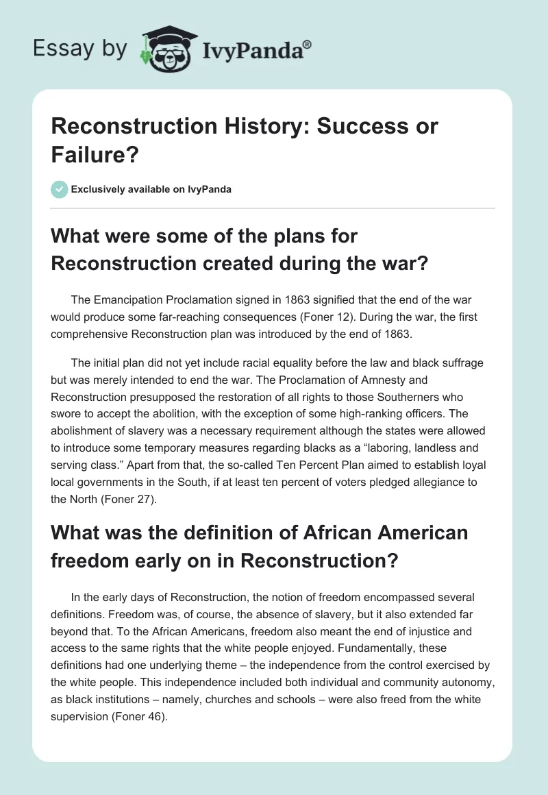 Reconstruction History: Success or Failure?. Page 1
