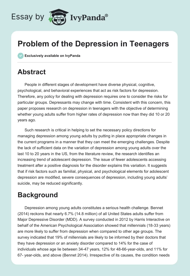Problem of the Depression in Teenagers. Page 1