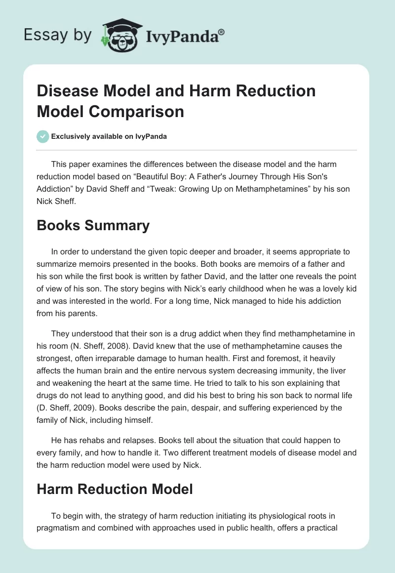 Disease Model and Harm Reduction Model Comparison. Page 1