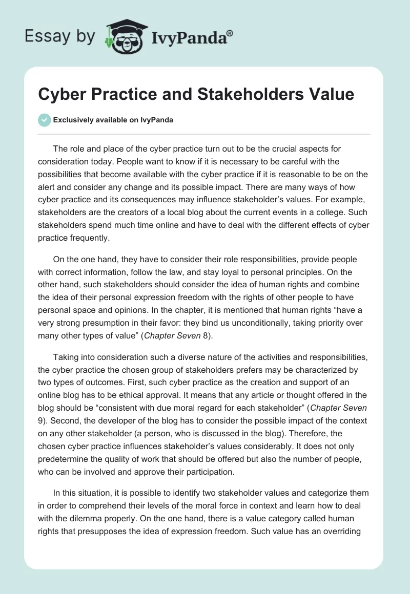 Cyber Practice and Stakeholders Value. Page 1