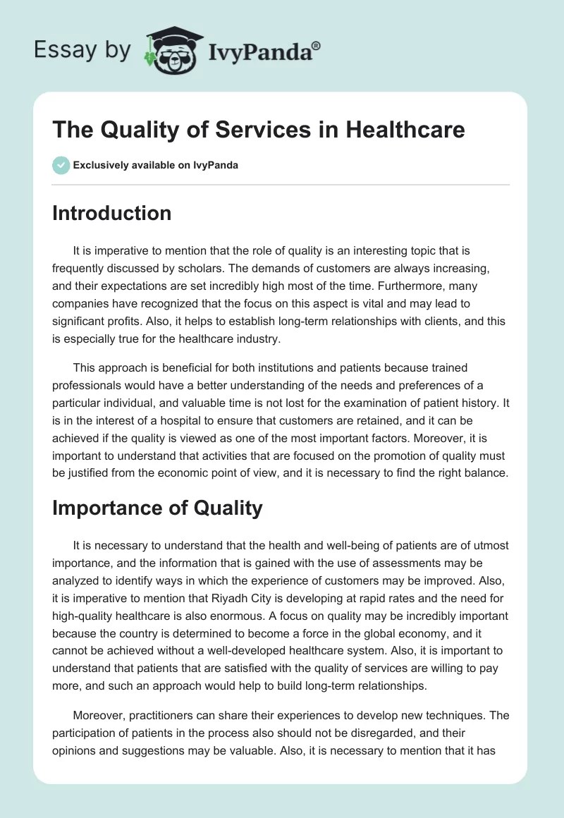 The Quality of Services in Healthcare. Page 1