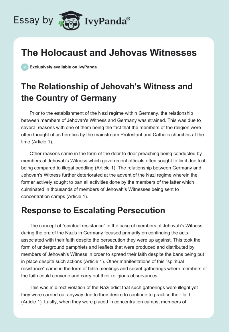 The Holocaust and Jehovas Witnesses. Page 1