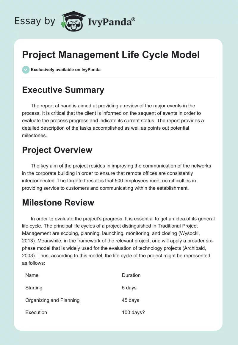 Project Management Life Cycle Model. Page 1
