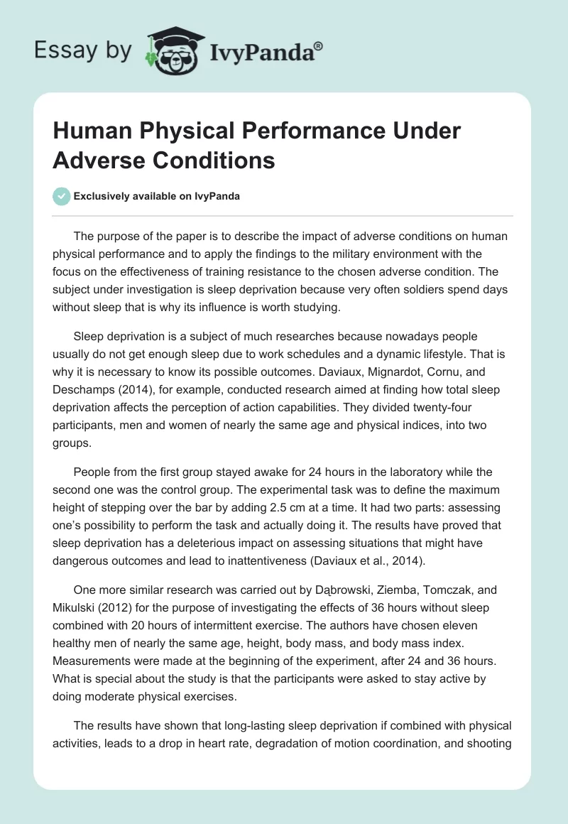 Human Physical Performance Under Adverse Conditions. Page 1