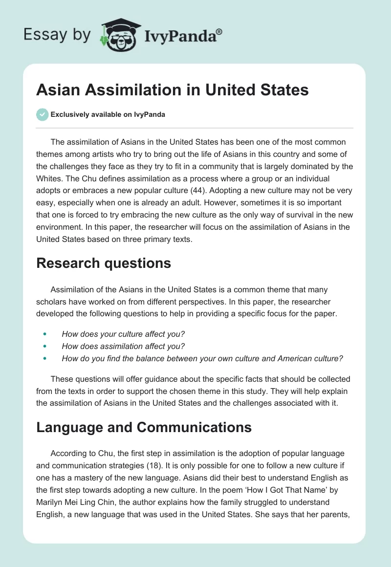 Asian Assimilation in United States. Page 1
