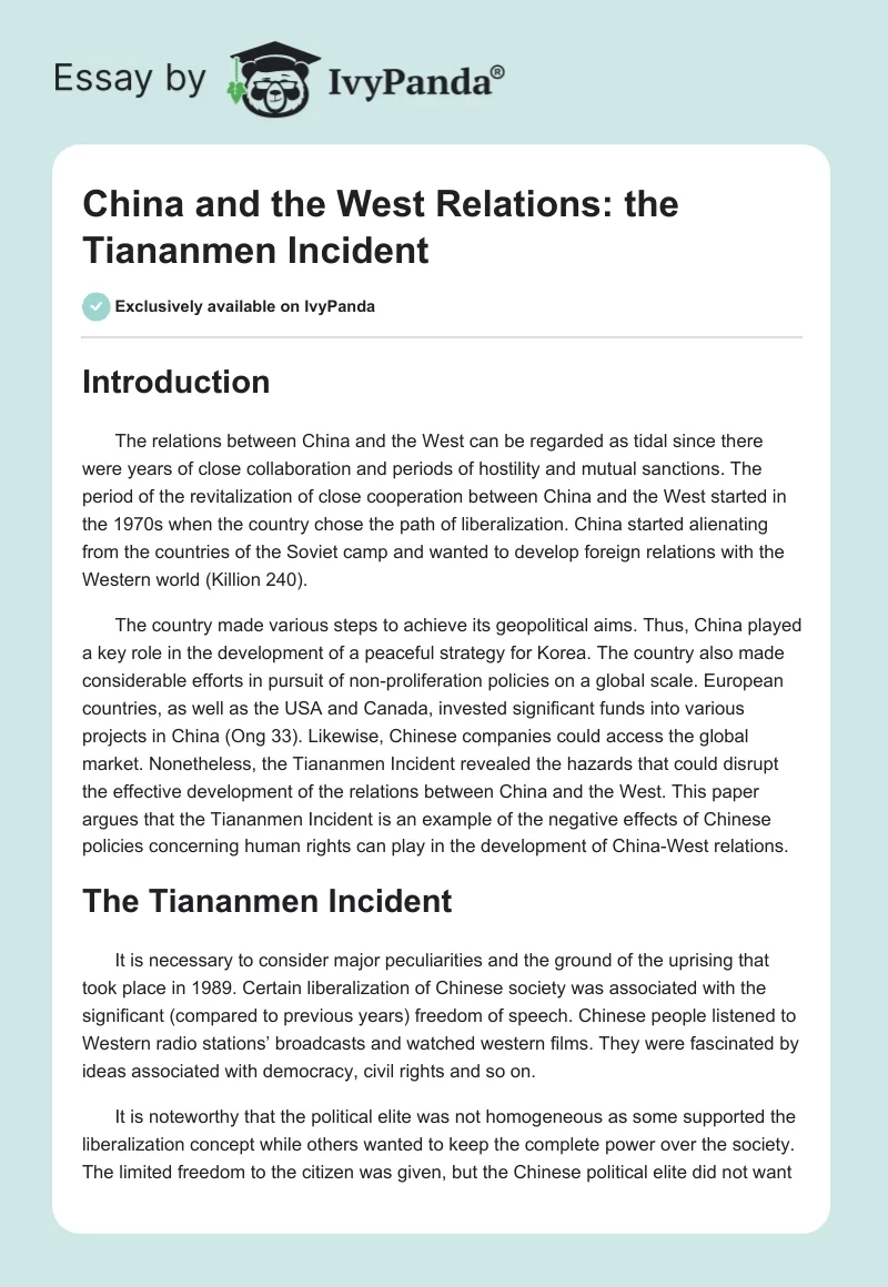 China and the West Relations: the Tiananmen Incident. Page 1