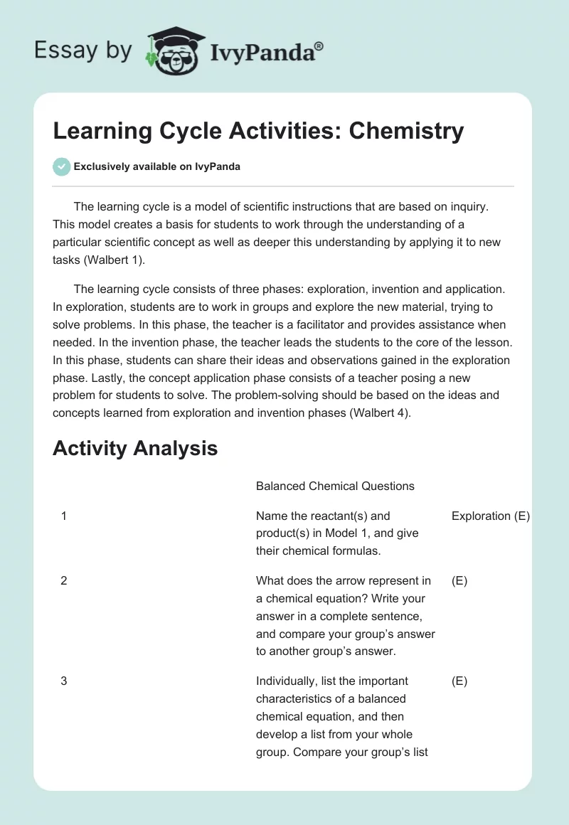 Learning Cycle Activities: Chemistry. Page 1