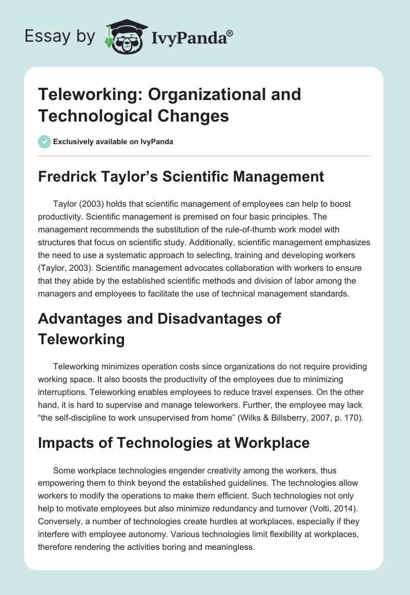 Teleworking: Organizational and Technological Changes. Page 1
