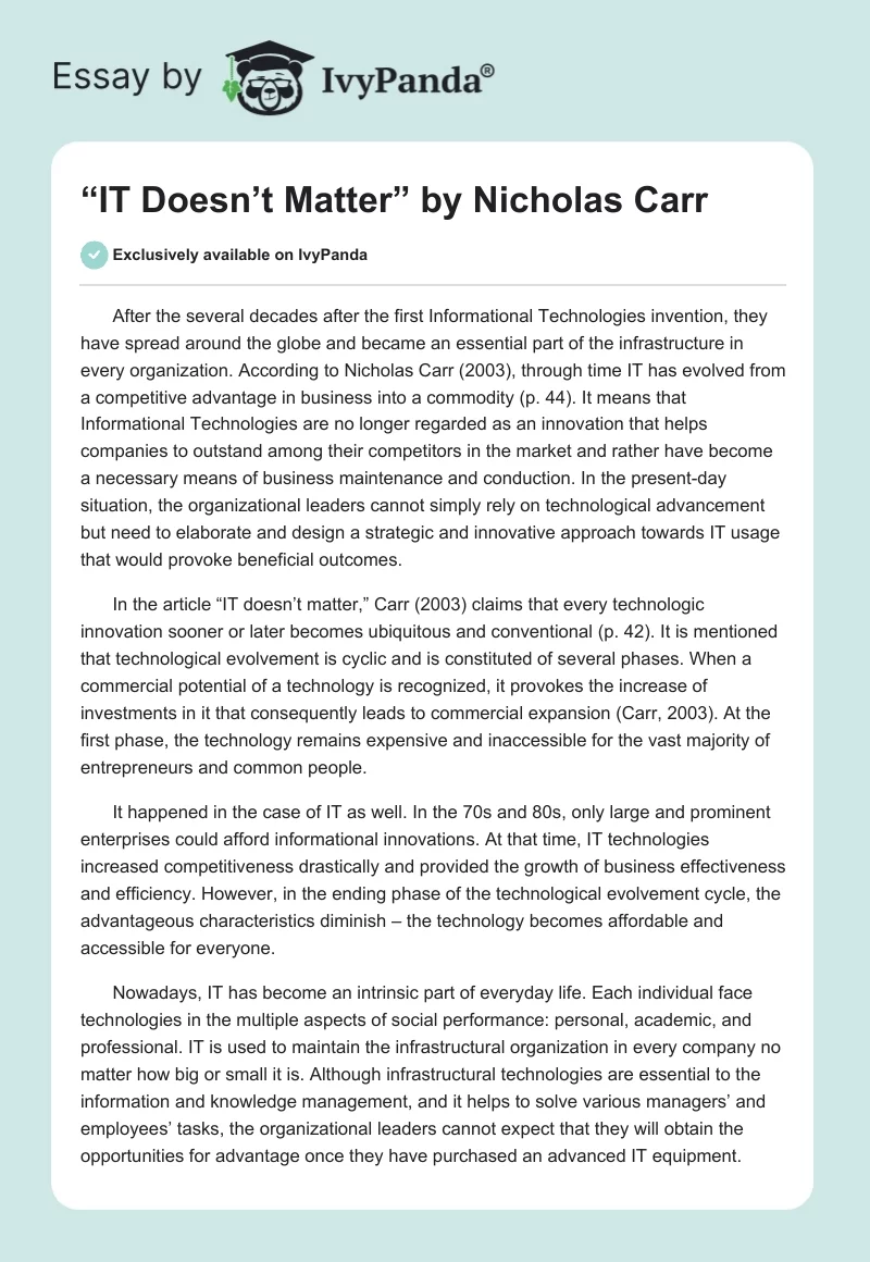 “IT Doesn’t Matter” by Nicholas Carr. Page 1