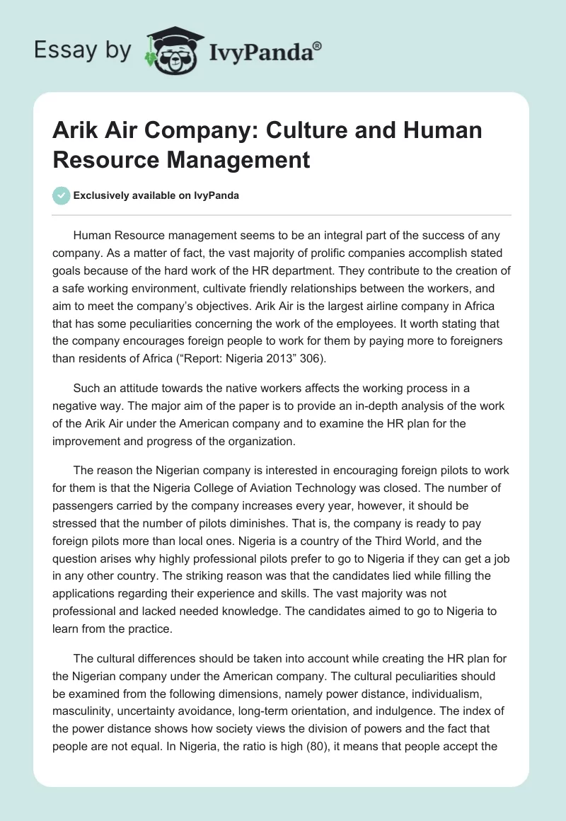 Arik Air Company: Culture and Human Resource Management. Page 1