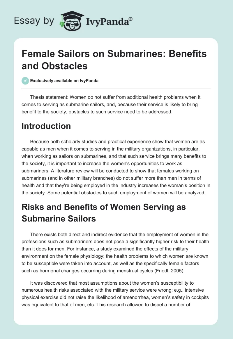 Female Sailors on Submarines: Benefits and Obstacles. Page 1