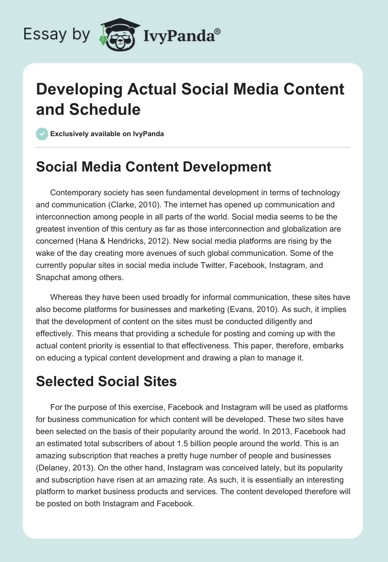 Developing Actual Social Media Content and Schedule. Page 1