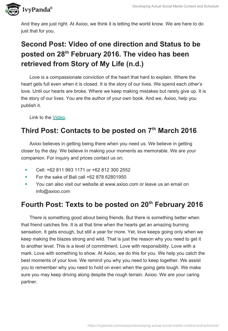Developing Actual Social Media Content and Schedule. Page 3