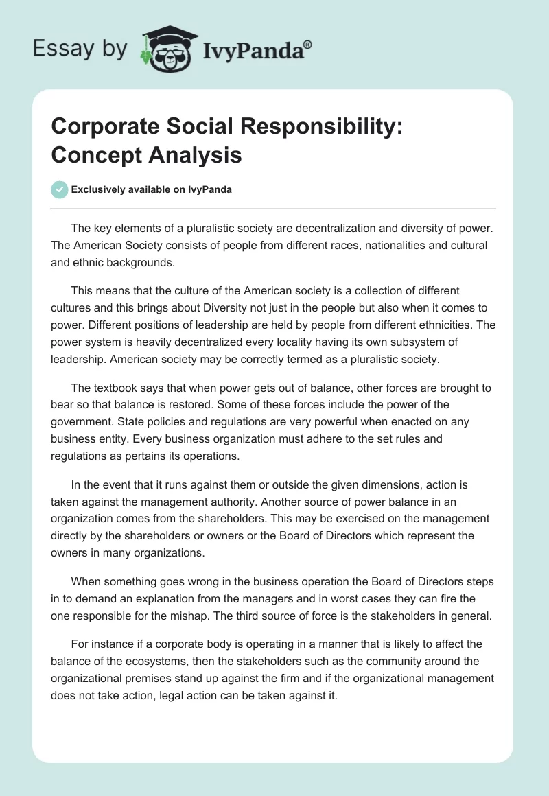 Corporate Social Responsibility: Concept Analysis. Page 1
