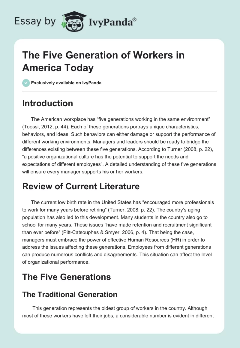 The Five Generation of Workers in America Today. Page 1