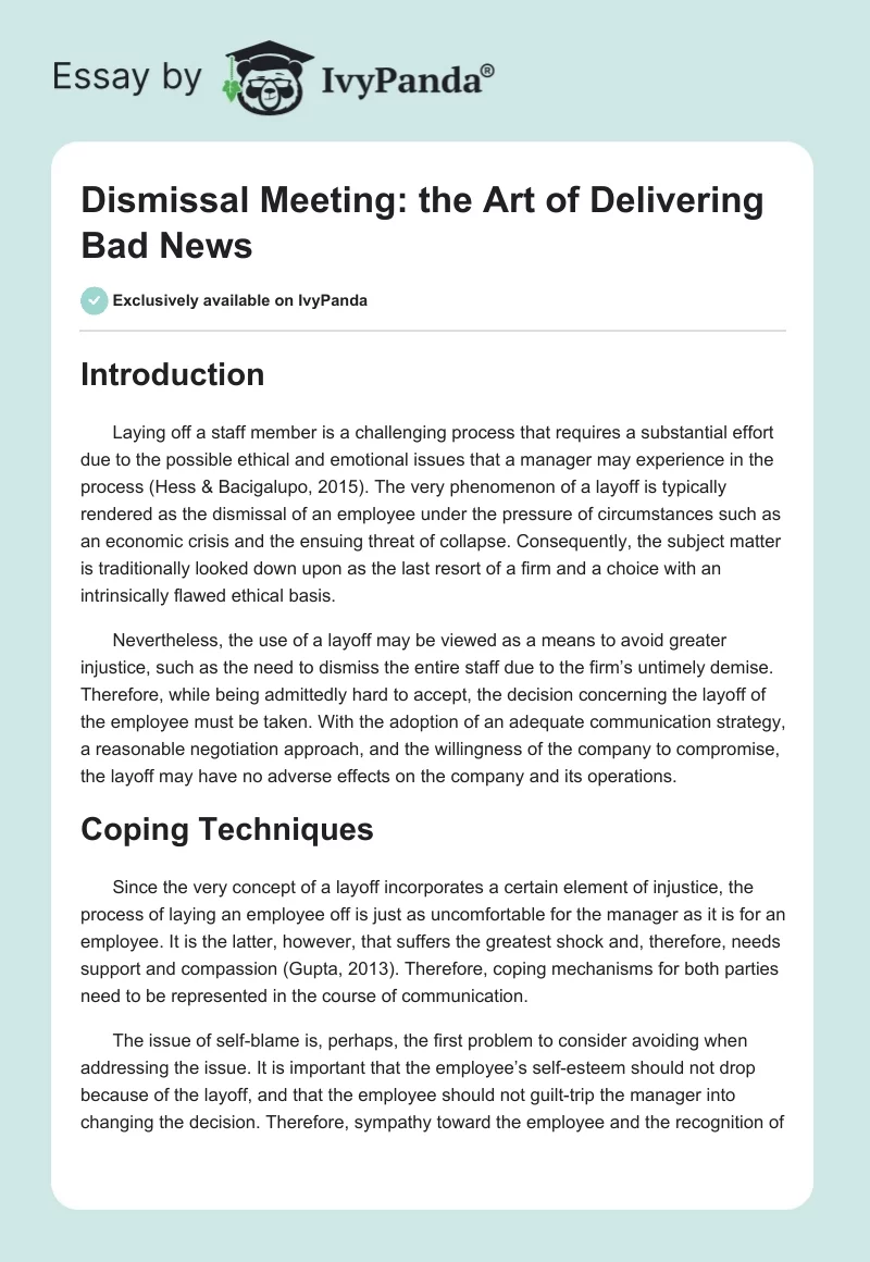 Dismissal Meeting: The Art of Delivering Bad News. Page 1