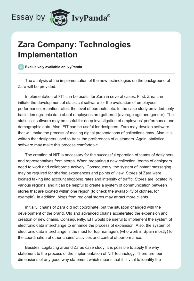 Zara Company: Technologies Implementation. Page 1