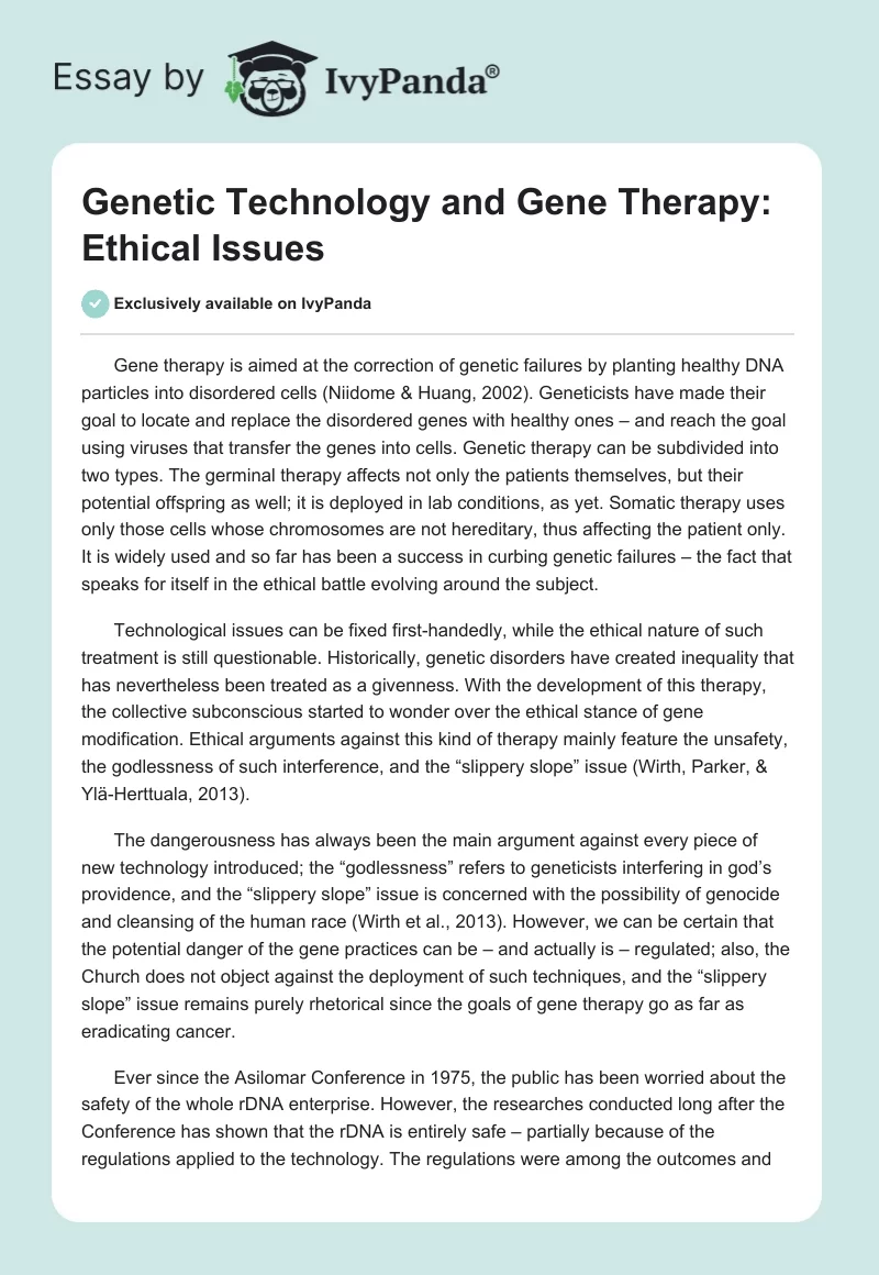Genetic Technology and Gene Therapy: Ethical Issues. Page 1