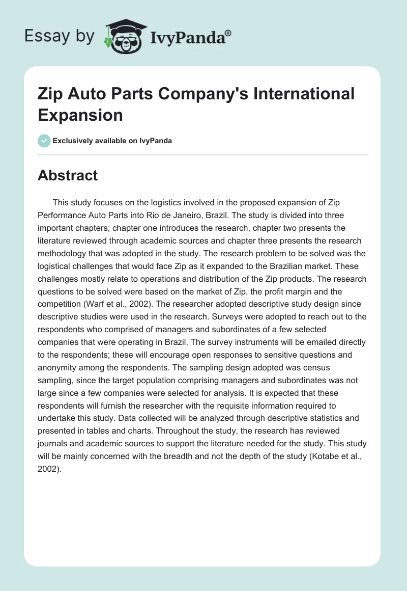 Zip Auto Parts Company's International Expansion. Page 1
