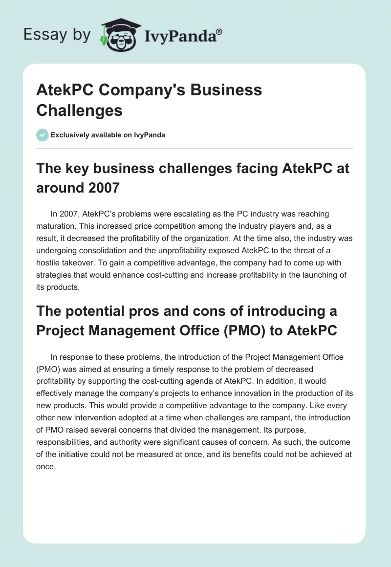 AtekPC Company's Business Challenges. Page 1