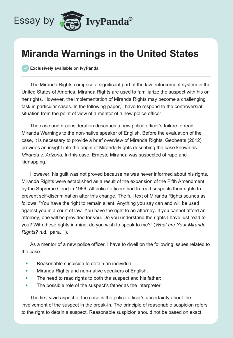 Miranda Warnings in the United States. Page 1