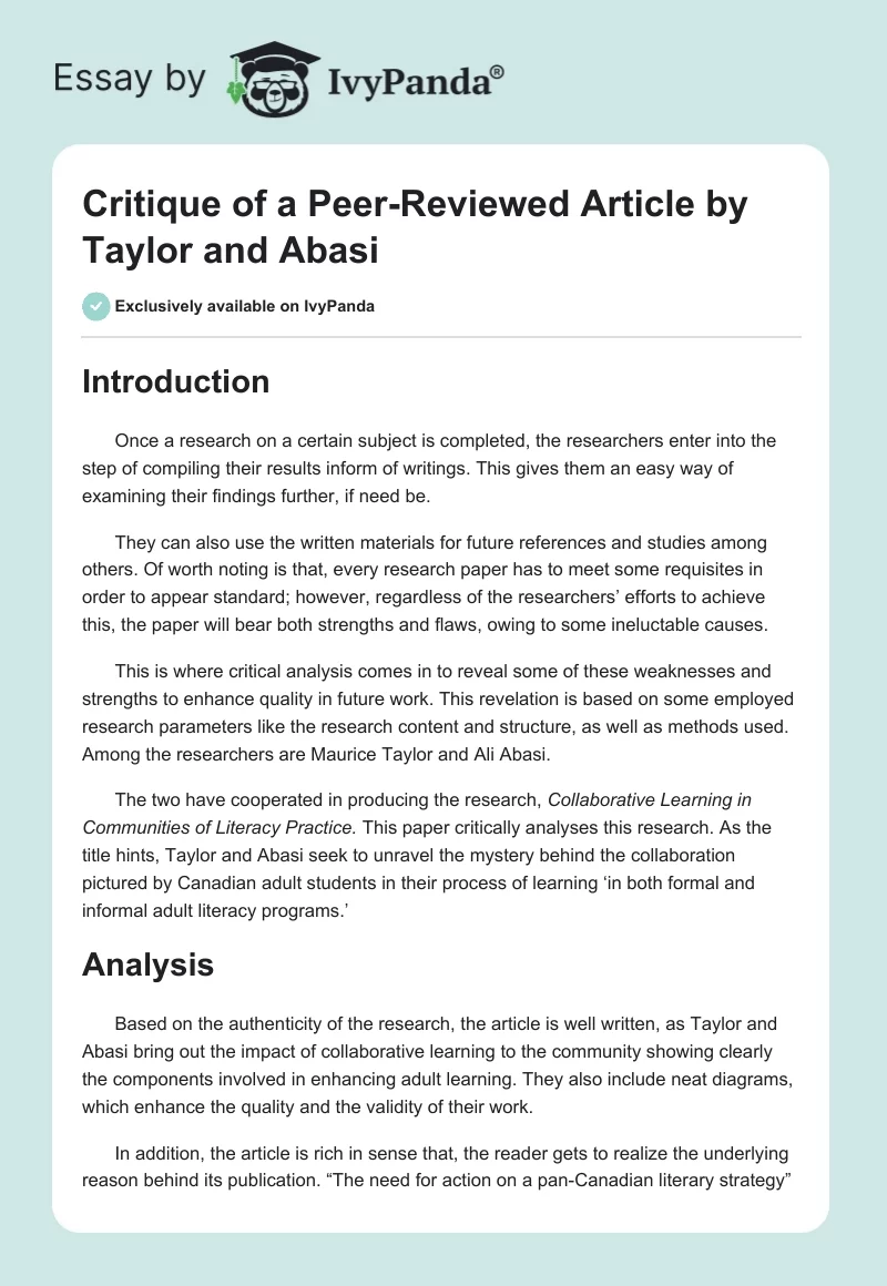 Critique of a Peer-Reviewed Article by Taylor and Abasi. Page 1