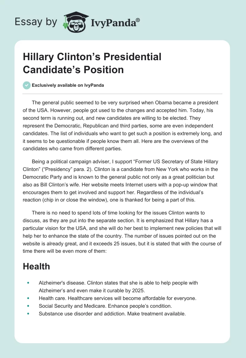 Hillary Clinton’s Presidential Candidate’s Position. Page 1
