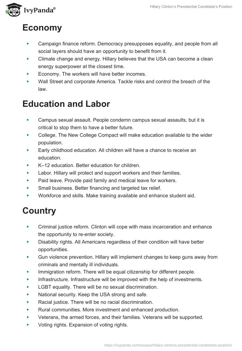 Hillary Clinton’s Presidential Candidate’s Position. Page 2