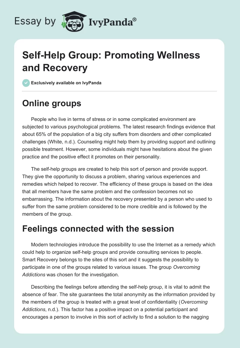 Self-Help Group: Promoting Wellness and Recovery. Page 1