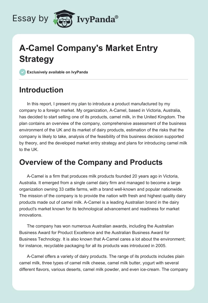 A-Camel Company's Market Entry Strategy. Page 1