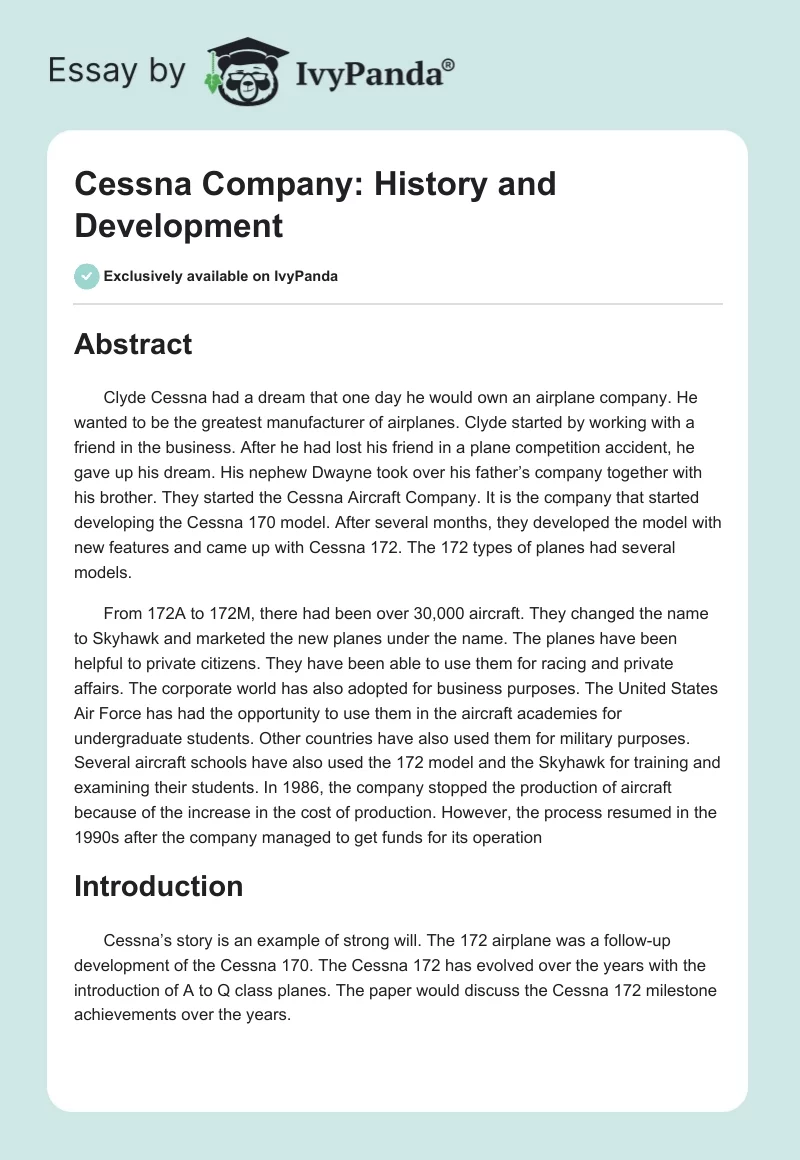 Cessna Company: History and Development. Page 1