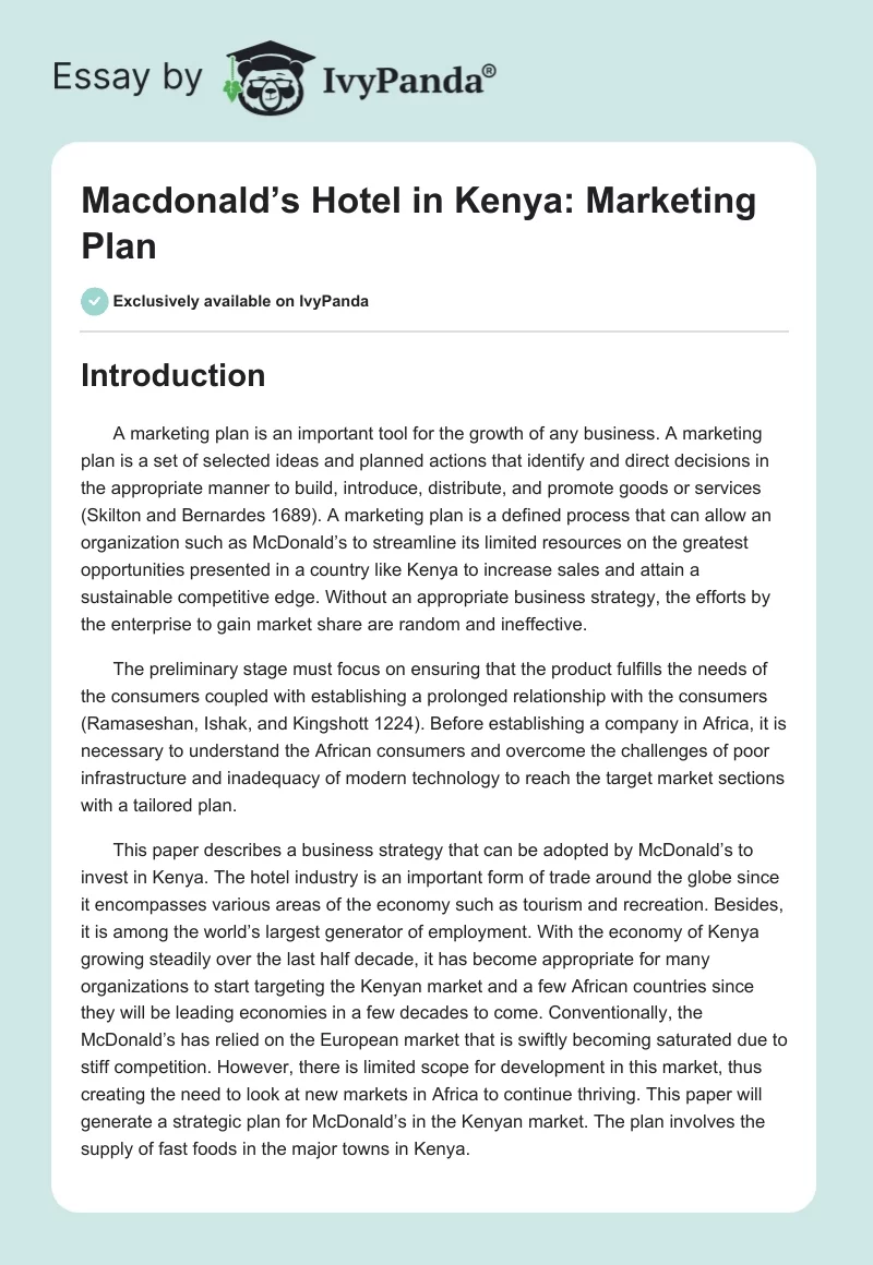 Macdonald’s Hotel in Kenya: Marketing Plan. Page 1