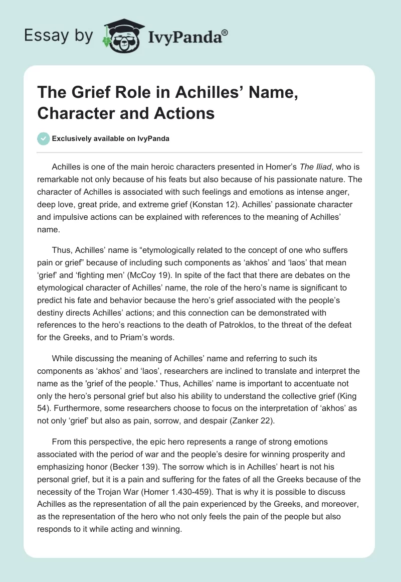 The Grief Role in Achilles’ Name, Character and Actions. Page 1