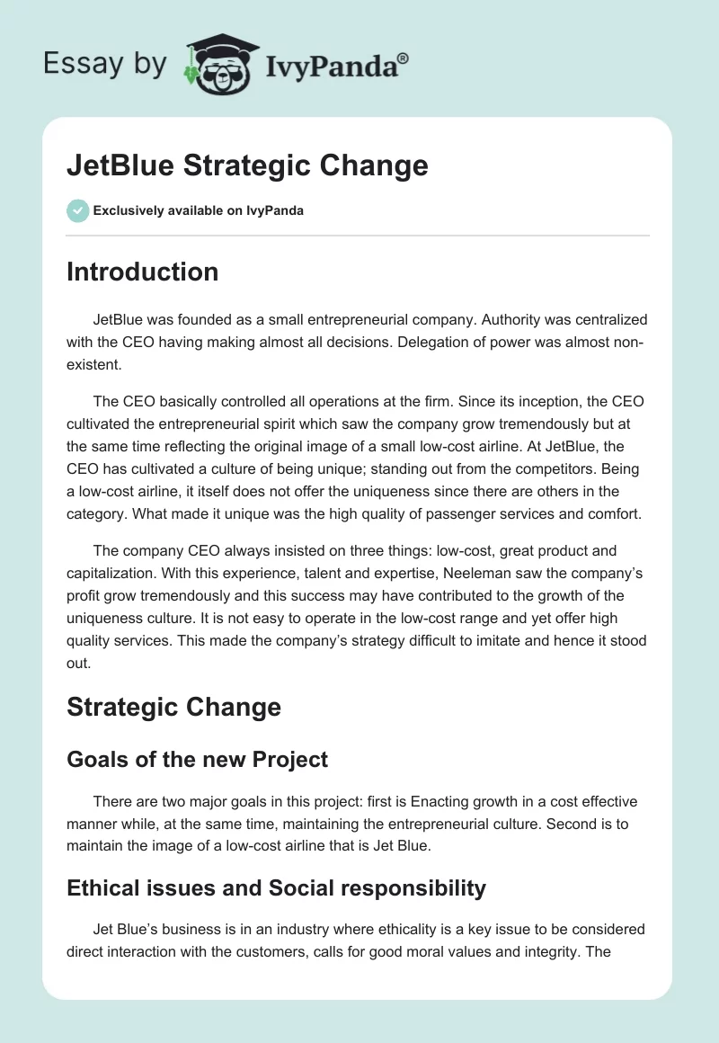 JetBlue Strategic Change. Page 1