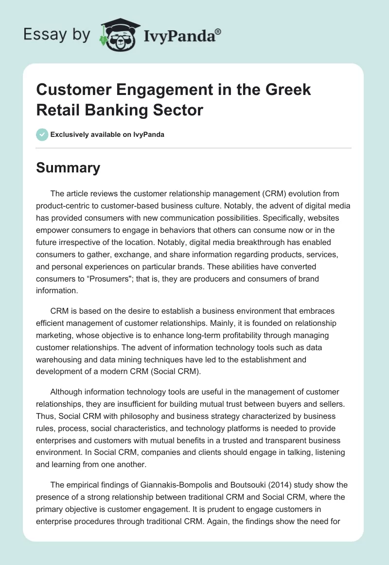 Customer Engagement in the Greek Retail Banking Sector. Page 1