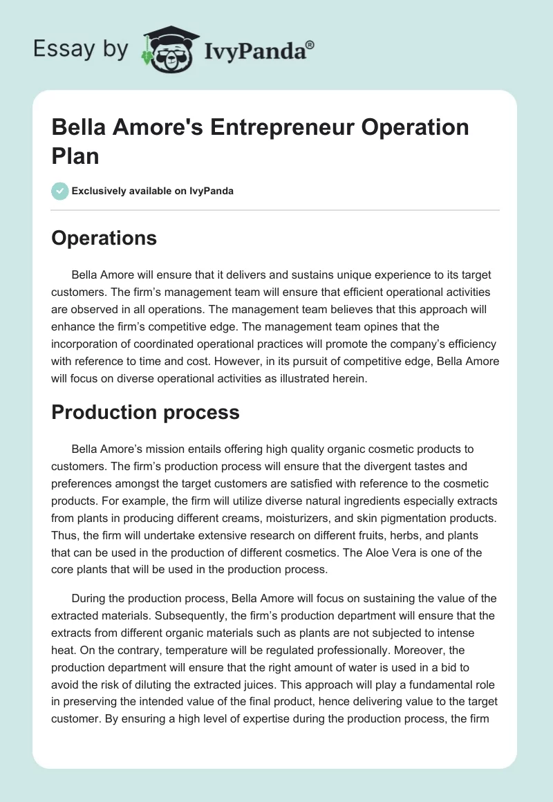 Bella Amore's Entrepreneur Operation Plan. Page 1
