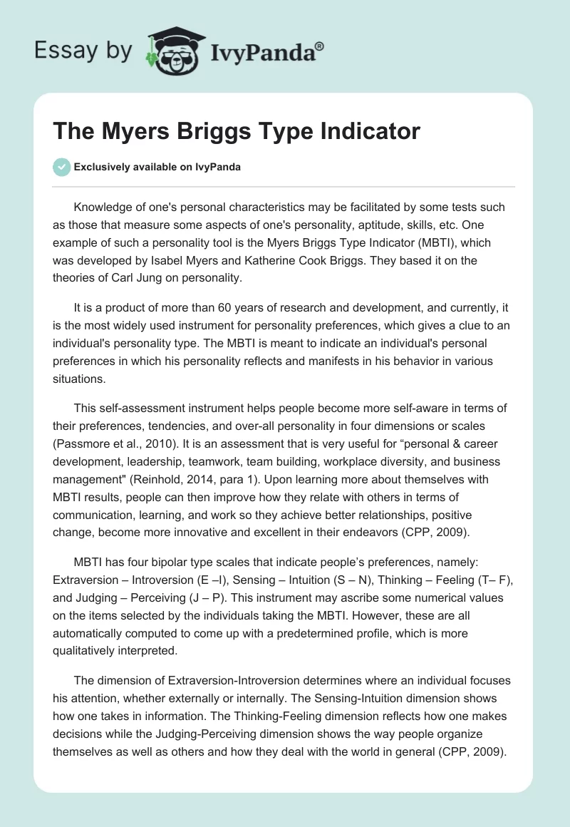 The Myers Briggs Type Indicator. Page 1