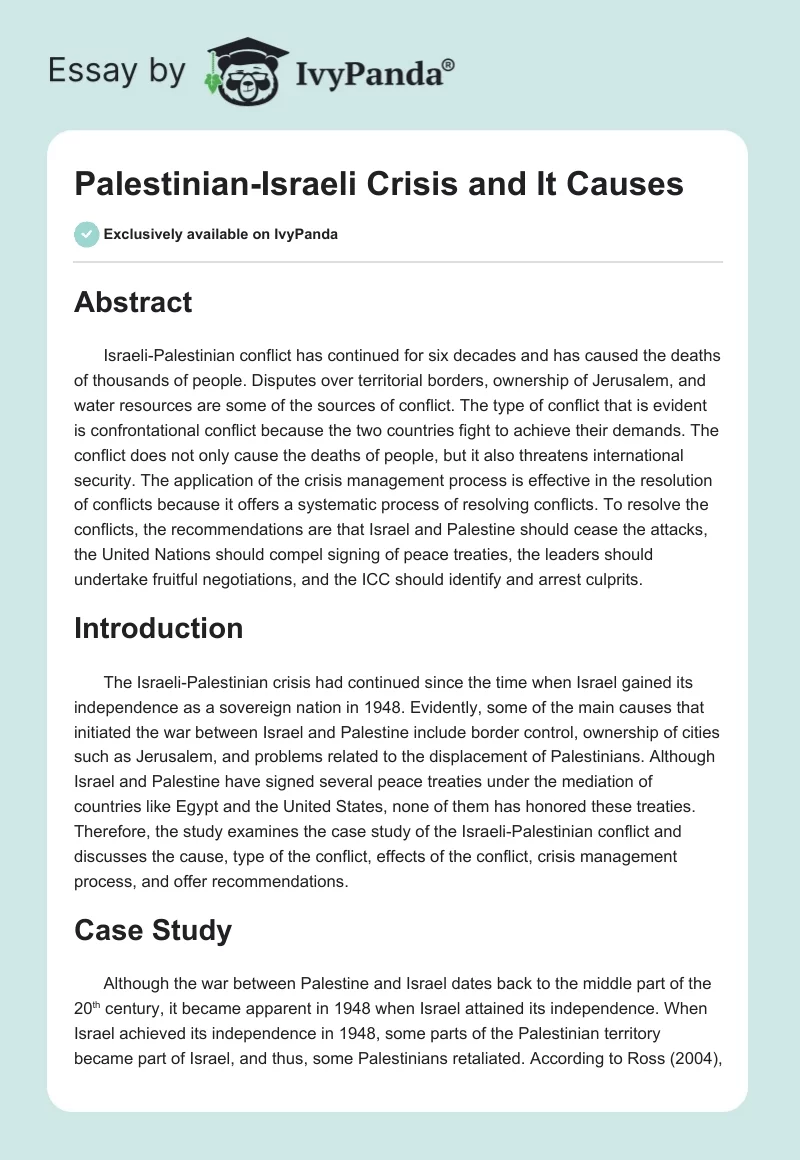 Palestinian-Israeli Crisis and It Causes. Page 1