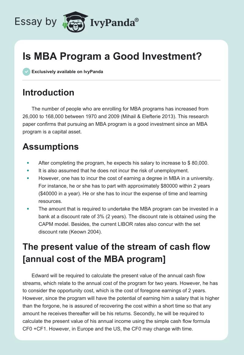 Is MBA Program a Good Investment?. Page 1