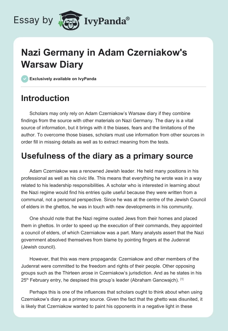 Nazi Germany in Adam Czerniakow's "Warsaw Diary". Page 1