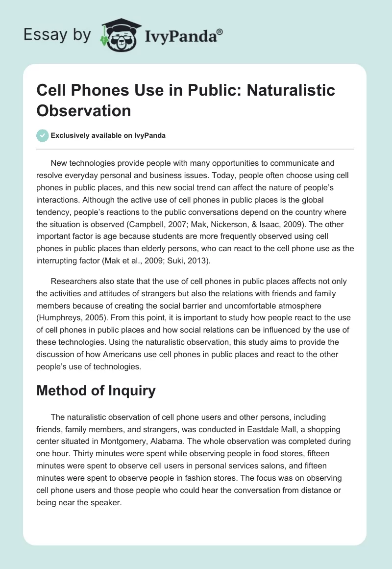 Cell Phones Use in Public: Naturalistic Observation. Page 1