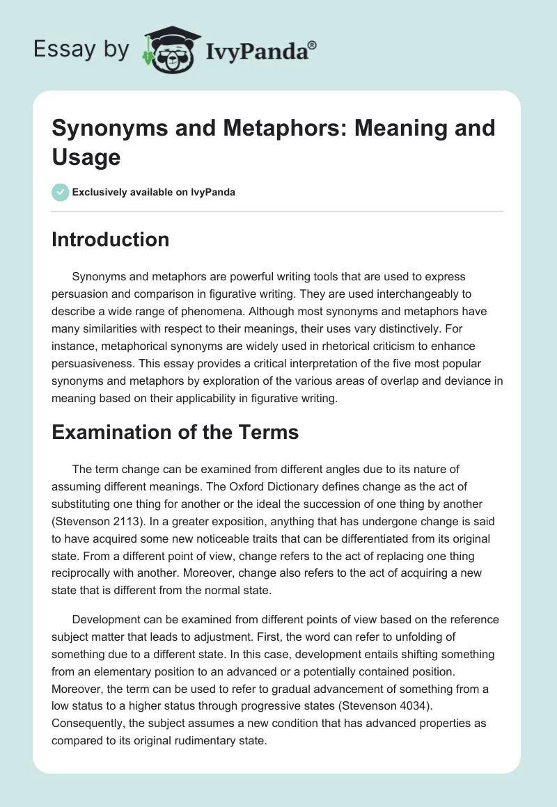 Synonyms and Metaphors: Meaning and Usage. Page 1