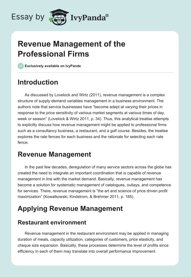 Revenue Management of the Professional Firms. Page 1