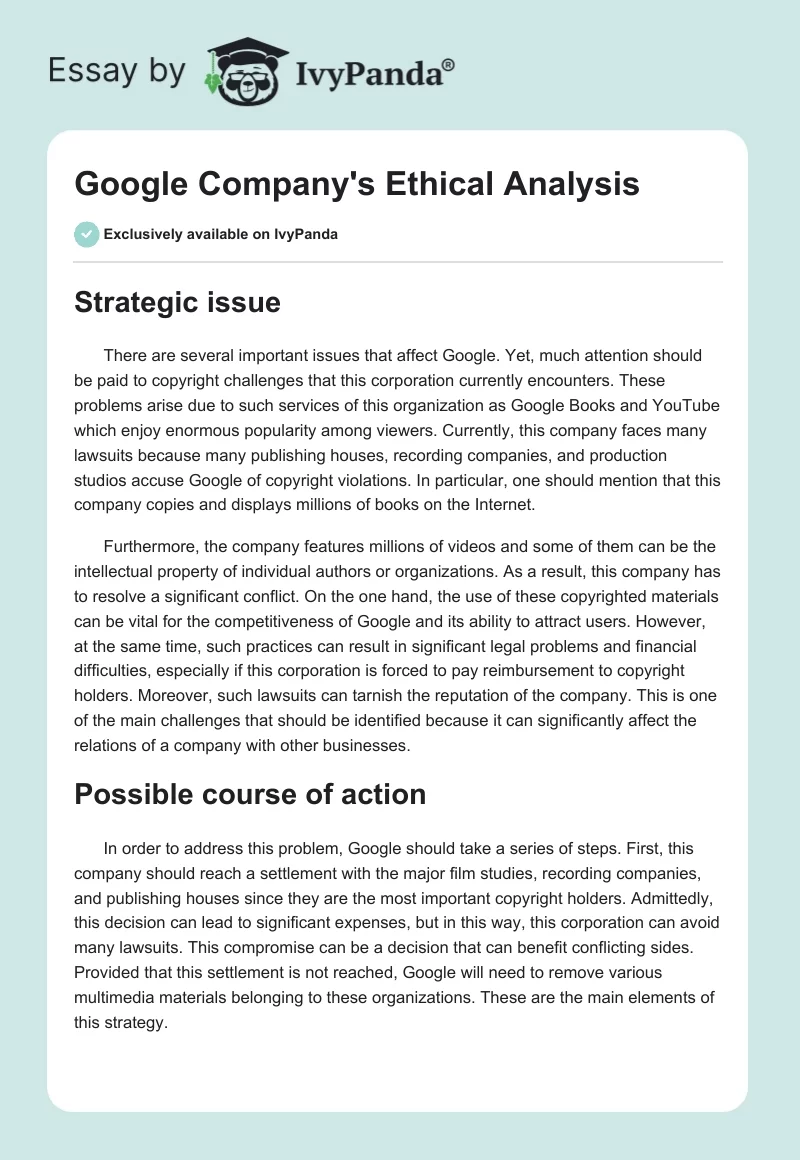 Google Company's Ethical Analysis. Page 1