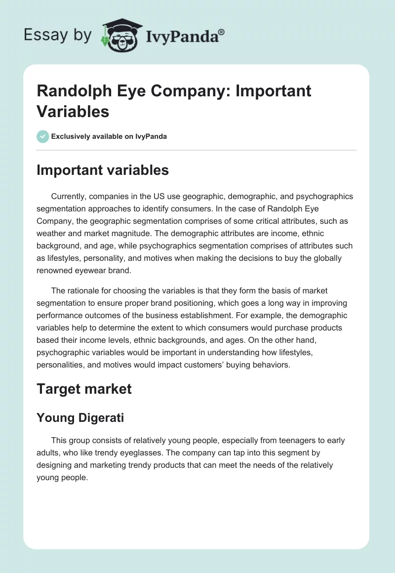 Randolph Eye Company: Important Variables. Page 1