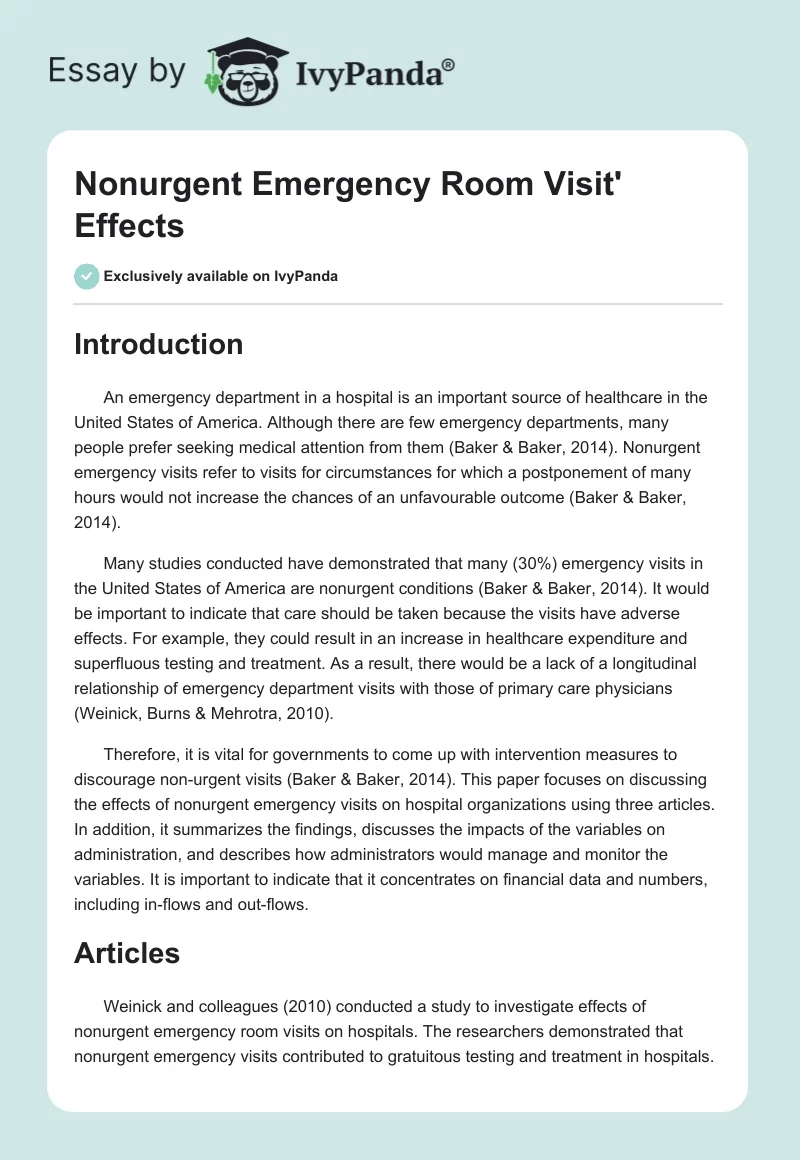 Nonurgent Emergency Room Visit' Effects. Page 1